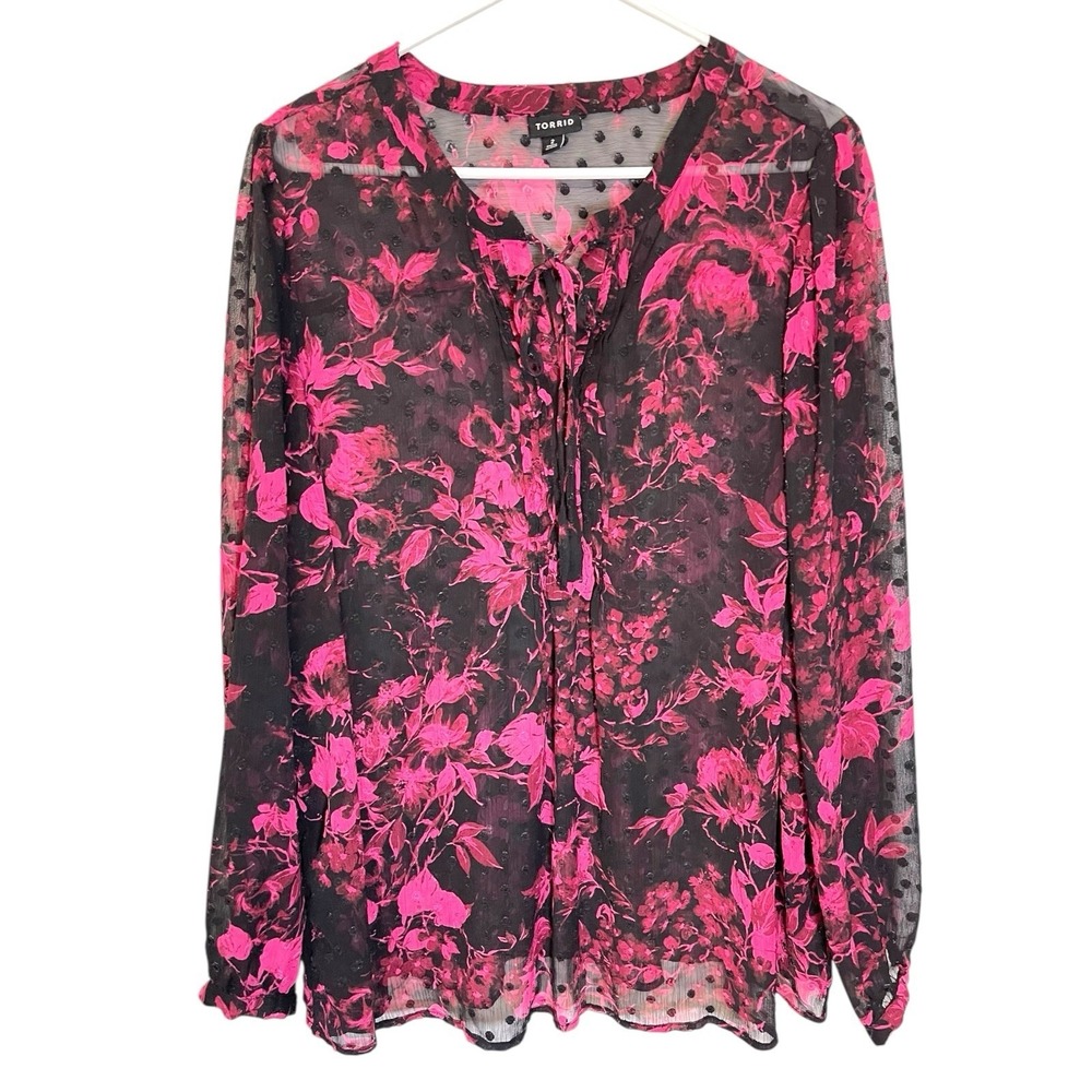 Torrid 2 Pink Black Floral Blouse Swiss Dot Sheer Tie Neck Romantic Whimsigoth